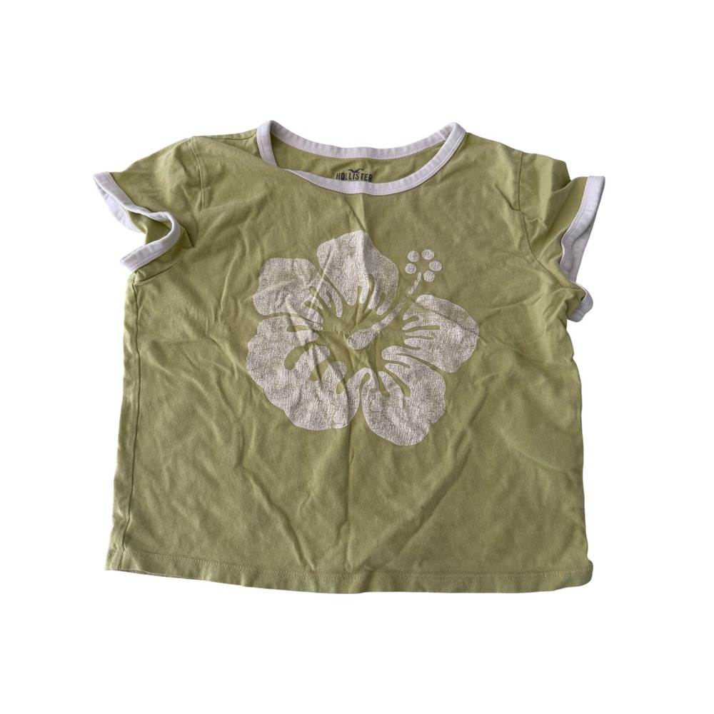 Hollister Lime Green Hibiscus Graphic Ringer Tee Size M Y2K Surf Retro Cotton